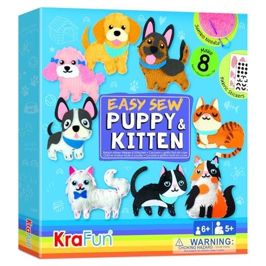 KRAFUN Easy Sewing Kit for Beginner Kids Arts & Crafts, 8 Easy DIY Projects of Stuffed Animal Dolls of Puppies & Kittens, Dogs and Cats, Instructions & Felt, Gift for Girls, Boys, Learn to Sew