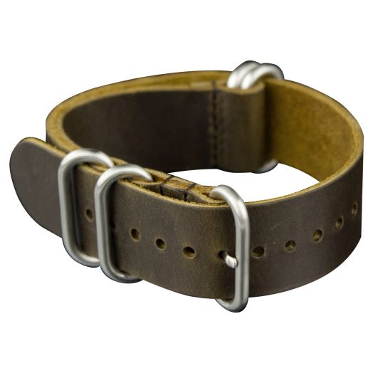 Infantry 20mm 5 Silver Rings Genuine Leather Watch Band, Slip-thru Zulu Watch Strap, Replacement Brown Watchbands w/Stainless Steel Buckle