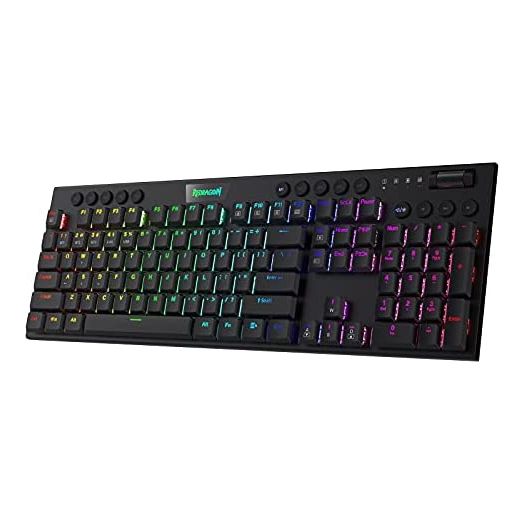 Redragon K618 Horus Wireless RGB Mechanical Keyboard, Bluetooth/2.4Ghz/Wired Tri-Mode Ultra-Thin Low Profile Gaming Keyboard w/No-Lag Cordless Connection, Dedicated Media Control & Linear Red Switch