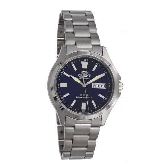 Orient RA-AB0F09L Men's Stainless Steel 3 Star Blue Dial Luminous Index Day Date Automatic Watch