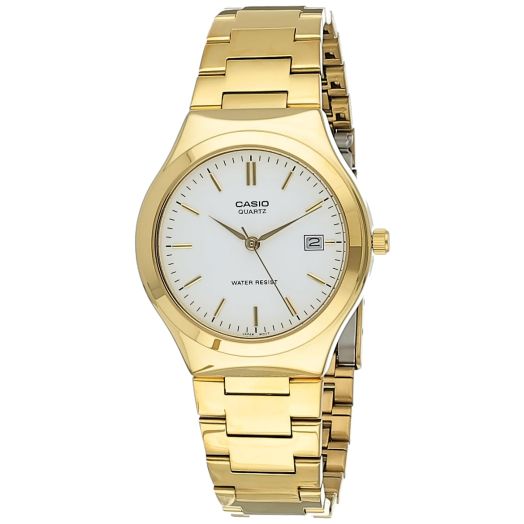 Casio Mens Stainless Steel Analog Watch Gold w/White Dial Batons - MTP-1170N-7A
