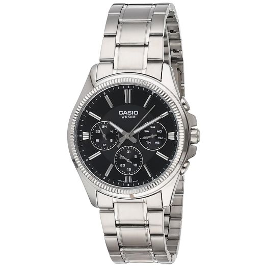 Casio #MTP1375D-1AV Men's Metal Band Fluted Bezel Multifunction Black Dial Watch