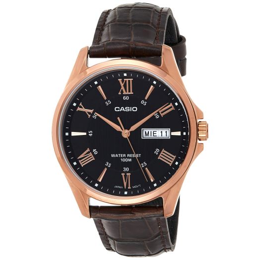 Casio #MTP1384L-1AV Men's Rose Tone Leather Band Day Date Roman Black Dial Watch