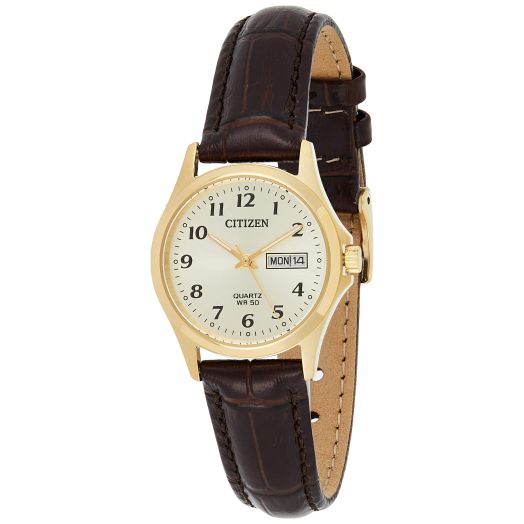 Citizen Quartz Gold Dial Brown Leather Ladies Watch EQ2002-07P