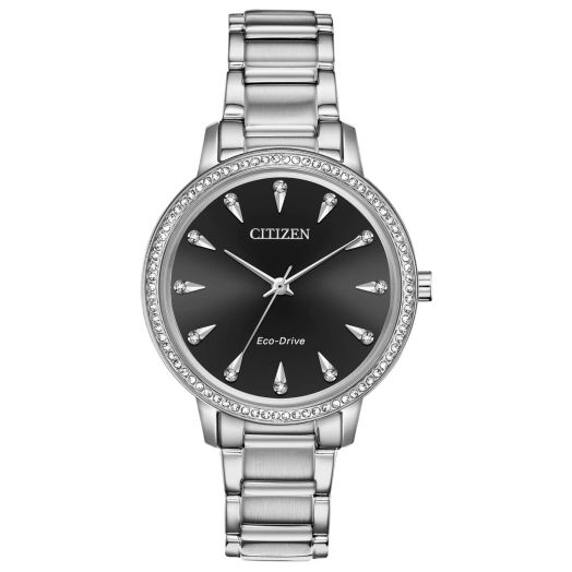 Citizen Eco-Drive Crystal Black Dial Stainless Steel Ladies Watch FE7040-53E