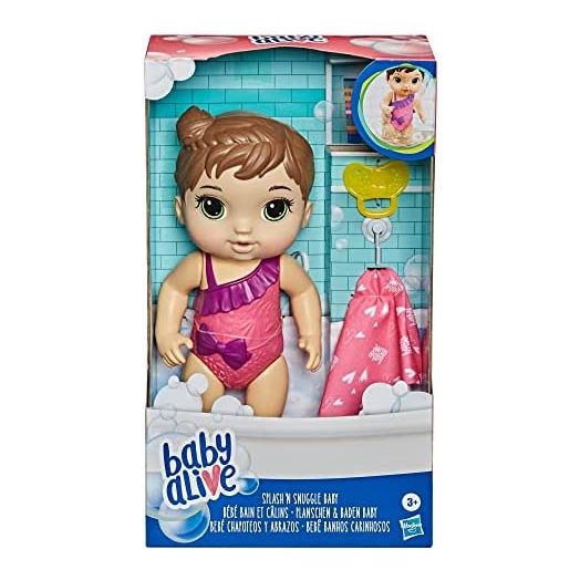 Baby Alive Splash'n Snuggle Baby Brown Hair Doll for Water Play, with Accessories