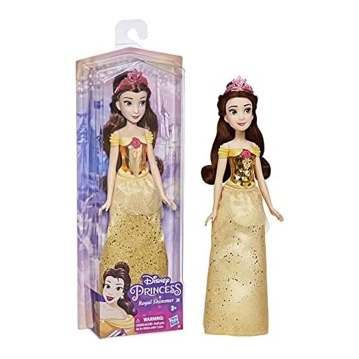 Disney Princess Royal Shimmer Belle Doll, Fashion Doll with Skirt and Accessories, Toy for Kids Ages 3 and Up , Yellow