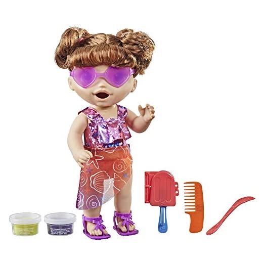 Baby Alive Sunshine Snacks Doll, Eats and Poops, Summer-Themed Waterplay Baby Doll, Ice Pop Mold, Toy for Kids Ages 3 and Up, Brown Hair
