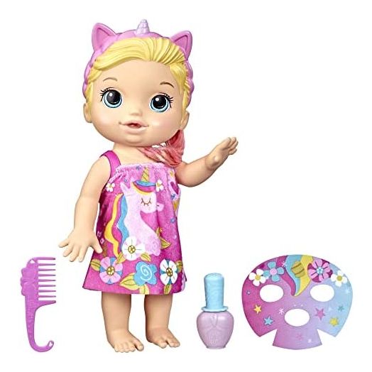 Baby Alive Glam Spa Baby Doll, Unicorn, Makeup Toy for Kids 3 and Up, Color Reveal Mani-Pedi and Makeup, 12.8-Inch Waterplay Doll, Blonde Hair