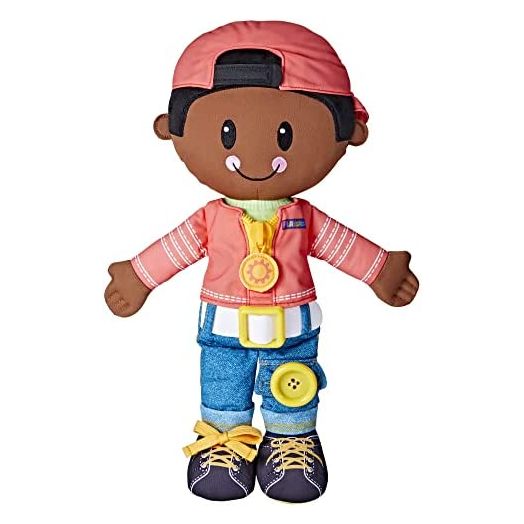 Playskool Dressy Kids Doll with Black Hair and Hat, Activity Plush Toy with Zipper, Shoelace, Button, for Kids Ages 2 and Up (Amazon Exclusive)