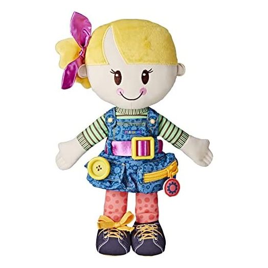 Playskool Dressy Kids Doll with Blonde Hair and Bow, Activity Plush Toy with Zipper, Shoelace, Button, for Ages 2 and Up (Amazon Exclusive)