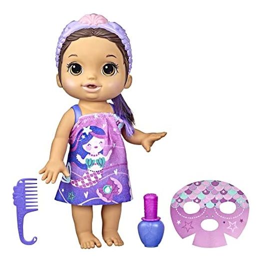 Baby Alive Glam Spa Baby Doll, Mermaid, Makeup Toy for Kids 3 and Up, Color Reveal Mani-Pedi and Makeup, 12.6-Inch Waterplay Doll, Brown Hair