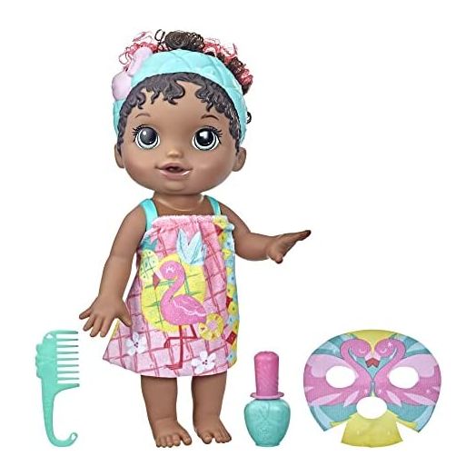 Baby Alive Glam Spa Baby Doll, Flamingo, Makeup Toy for Kids 3 and Up, Color Reveal Mani-Pedi and Makeup, 12.4-Inch Waterplay Doll, Black Hair