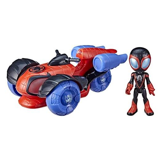 Spidey and His Amazing Friends Glow Tech Techno-Racer Toy Car with Miles Morales Spider-Man Action Figure, Marvel Super Hero Preschool Toys for 3+ Year Old Kids, Lights & Sounds