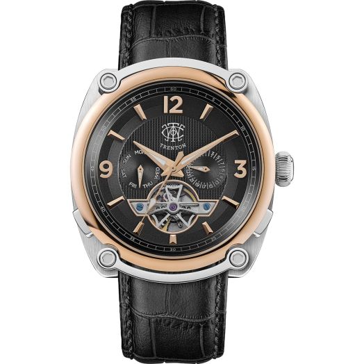 TRENTON The Michigan Mens 45mm Automatic Watch with Black Open Heart Dial and Black Leather Strap T00202