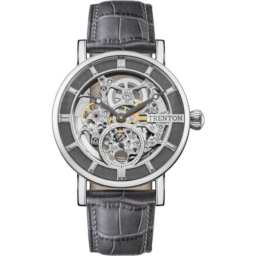 TRENTON The Herald Mens 40mm Automatic Watch with Silver Skeleton Dial and Grey Leather Strap T00301