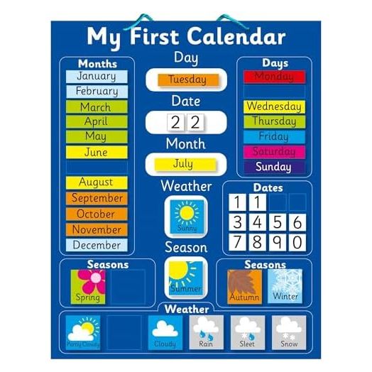 Interactive Children's Magnetic Learning Calendar - Blue- Fun Educational Tool for Time, Seasons, and Weather Awareness - 40x32 cm with Easy Hang Loop
