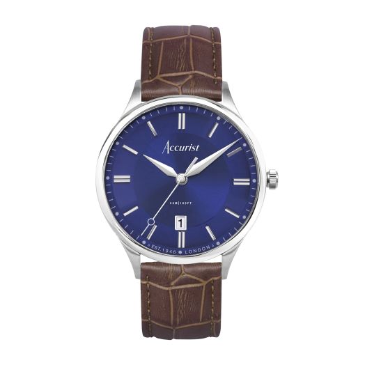 Accurist Classic 37mm Quartz Watch in Blue with Analogue Display, and Brown Leather Strap 73005