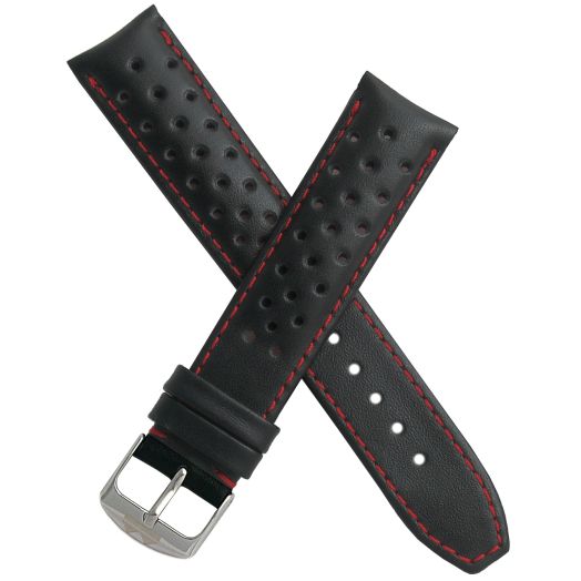 TH-20-01-0511P - 20 mm Heuer Carrera style Black sports perforated pin buckle leather watch band with red stitching - compatible with all watches with a standard 20 mm lug width