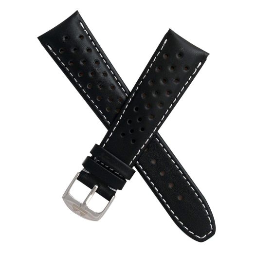 TH-22-01-0911P - 22 mm Heuer Carrera Style Black Sports Perforated pin Buckle Leather Watch Band with White Stitching - Compatible with All Watches with a Standard 22 mm Lug Width