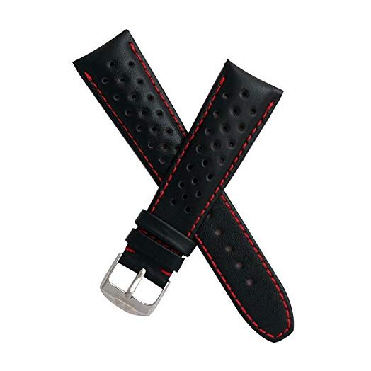 TH-22-01-0511P - 22 mm Heuer Carrera style Black sports perforated pin buckle leather watch band with red stitching - compatible with all watches with a standard 22 mm lug width