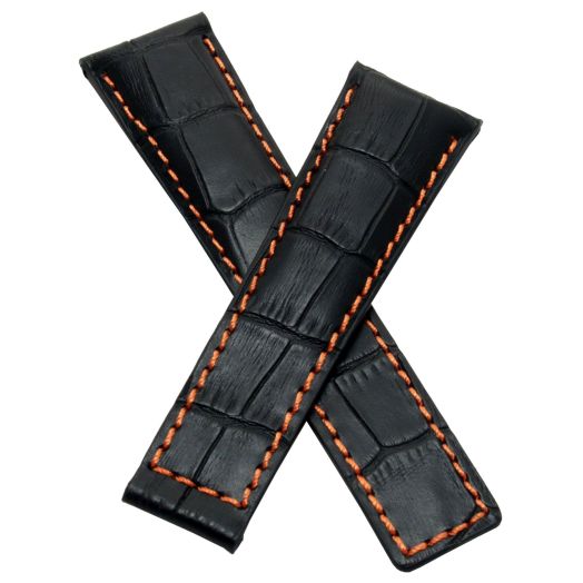 22mm Black Alligator-style Genuine Leather Watchband with orange stitching & lining to fit TAG Heuer Grand Carrera models listed below