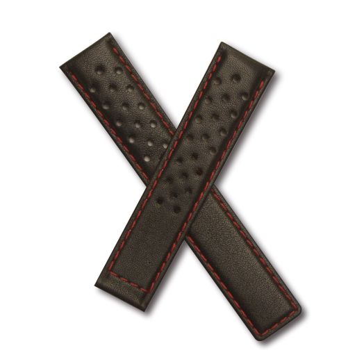 TH-CAR19-01-0511-19 mm black leather sports perforated deployment watch band with red stitching & lining compatible with TAG Heuer Carrera models listed below