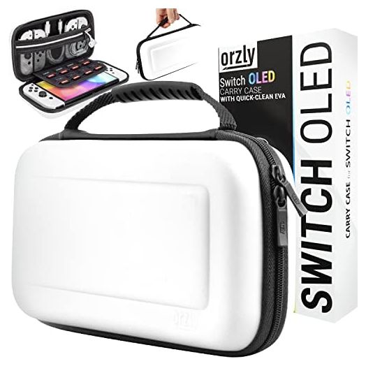 Orzly Carry Case for White Nintendo Switch OLED Console with Accessories and Games Storage Compartment - Easy Clean Case Gift Boxed Edition