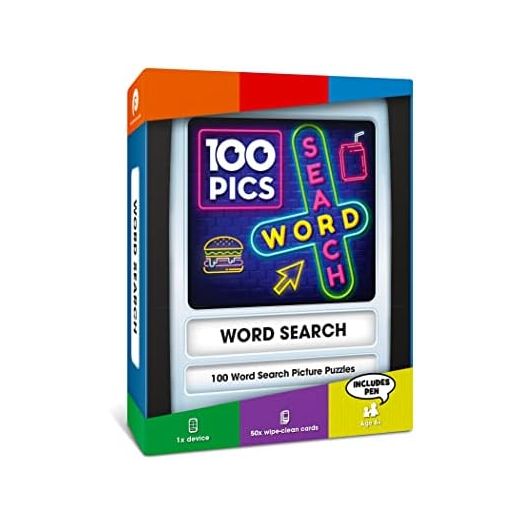 100 PICS Word Search Travel Game - 100 Puzzles with Picture Clues | 50 Wipe Clean Cards with Slide Reveal case and Pen | Activity, Gift, Stocking Stuffer | for Kids and Adults, Age 6+