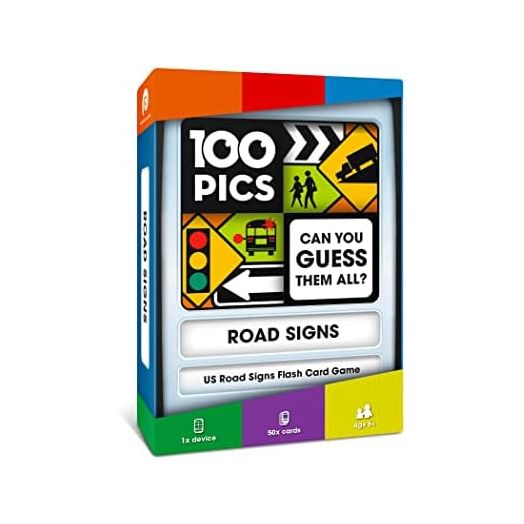100 PICS US Road Signs Travel Game - Learn 100 Road Signs | Flash Cards with Slide Reveal Case | Card Game, Gift, Stocking Stuffer | Hours of Fun for Kids and Adults | Ages 6+