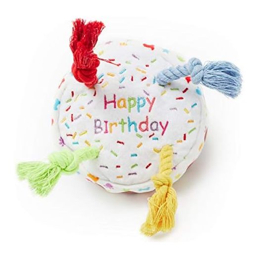 Pet London Dog Birthday Cake Squeaky Soft Plush Toy with Rope Candles in Fun Happy Bright Colours - Celebrate Your Dog's Happy Birthday - Plush Rainbow Pattern Dog Party Bday or Adoption Gift (Medium)