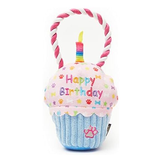 Pet London Happy Birthday Cupcake Dog Toy with Squeaker and rope tug-Celebrate Your Dog's Bday or Adoption Gift