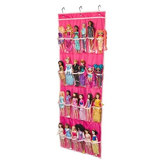 ASH BRAND Hanging Over Door Toy Storage Organizer (24 Pockets), Compatible with Dolls (Toys Not Included), Pink (57.5''x22'')