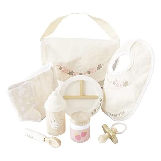 Le Toy Van - Honeybake - Baby Doll Accessories - Natural Cotton + Wooden Toy Dolls Nursing Accessories Set - Scaled Doll Accessories - 8 Piece Set - Dolls and Toys 30-35cm - Age 2+ Years