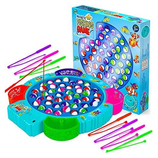 IPIDIPI TOYS Fishing Game Play Set - 45 Magnetic Fish, 8 Poles, Rotating Board On-Off Music, Family Children Backyard Colorful Toy for Kids Toddlers Age 3 and Up