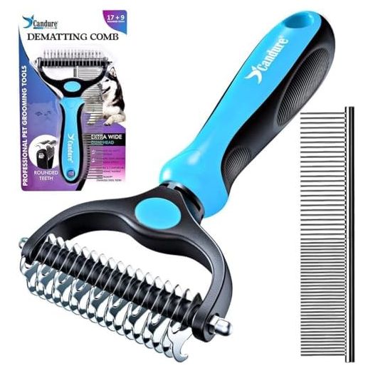 Candure Pet Friendly Dog Brush for Shedding & Effective Hair Removal Double-Sided Dematting Comb for Dogs & Cats Hair Brush for Shedding - Undercoat Rake for Dogs with Comb (Large, Blue)