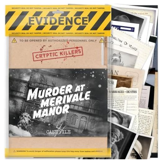 Unsolved murder mystery game - Cold Case Files Investigation - CRYPTIC KILLERS - Detective Evidence & Crime File - individuals, date nights & party games- "Murder at Merivale Manor"