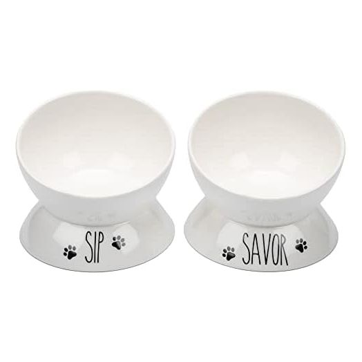 Elevated Cat Food Bowl Set (Sip & Savor Cat Dish) Two Elevated Cat Bowls, Cat Dishes for Food and Water. Porcelain Raised Cat Bowl, Small Pet Dog Bowl. Wide Tilted Cat Food Bowls.