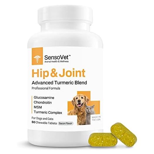 Hip & Joint Advanced Support for Dogs & Cats, Made with Turmeric, Glucosamine, Curcumin, MSM and Black Pepper - Anti Inflammatory Supplement (60 Chewable Tablets)