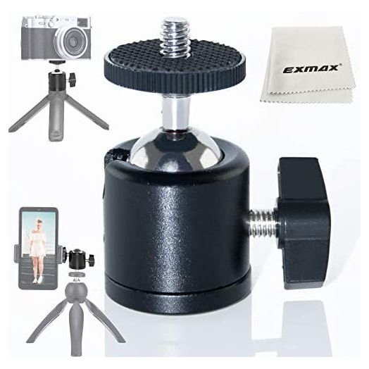 EXMAX 360 Degree Aluminum Alloy Body Rotating Swivel Mini Tripod Ball Head with 1/4" Screw Thread Base Mount for Lighter DSLR Camera Camcorder LED Light Bracket Hiking HTC Vive (Black)