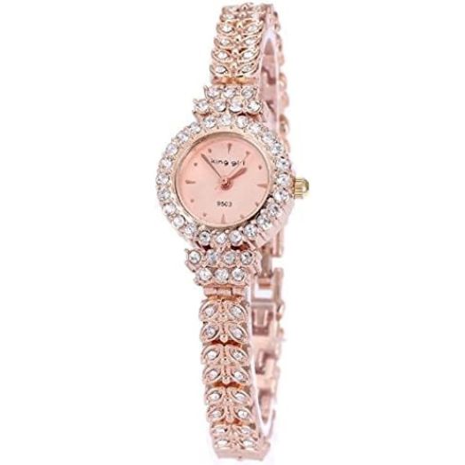Gullor King Girl Royal Rose Gold Bracelet Watch Full Crystal Diamonds for Ladies Quartz Round