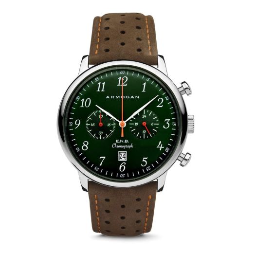 E.N.B - Emerald Green S52 - Men's Chronograph Watch Brown Suede Leather Strap