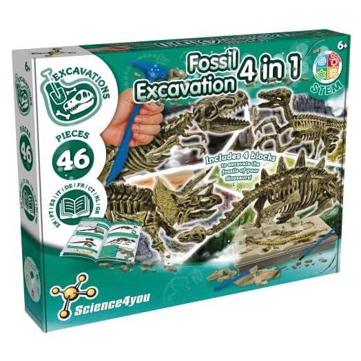Science4you Dinosaur Fossil Excavation Kit 4 in 1 - Fossil Digging Kit for Kids, Build 4 Dinosaur Fossils, 46 Pieces, Archeology Set, Hunting Kit - Dinosaur Toys, Games for Boys and Girls Age 6+
