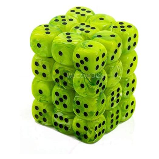 Chessex Dice d6 Sets: Vortex Bright Green with Black, 12mm Six Sided Die (36) Block of Dice (1 Pack)