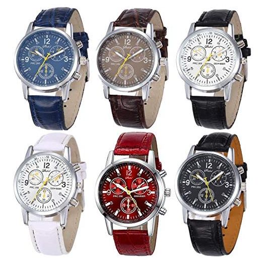 Yunanwa 6 Pack Men's Leather Quartz Watch Geneva Boys Casual Dress Wrist Band Watches Wholesale Lots Set