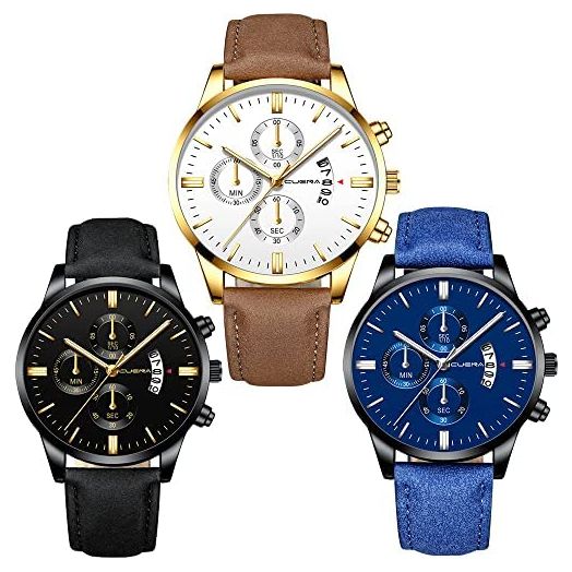 Yunanwa 3 Pack Mens Watch Waterproof Quartz Chronograph Watches Business Work and Sport Design Minimalist Classic Leather Band Strap Wrist Watch for Men