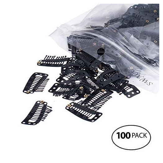 SWACC 100 Pcs U Shape Metailic Snap Clips ins for Hair Extension Hairpiece DIY Snap-Comb Wig Clips with Rubber (Black, 10-Teeth 9 holes)