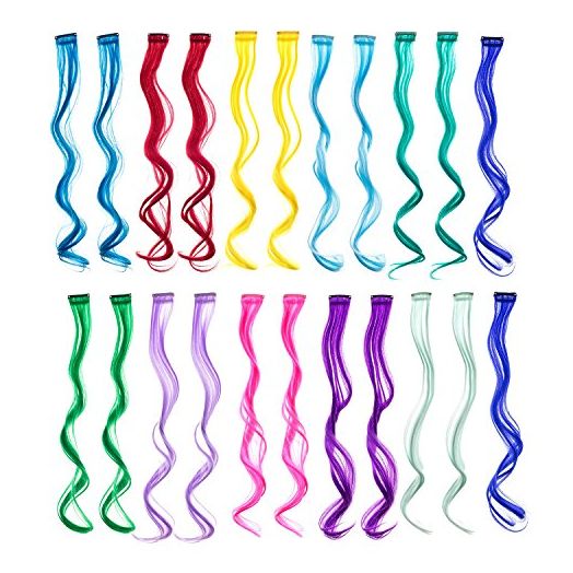 SWACC 22 Pcs Colored Party Highlights Clip on in Hair Extensions Multi-Colors Hair Streak Synthetic Hairpieces (11 Colors 22 Pcs in Set -Curly Wavy)