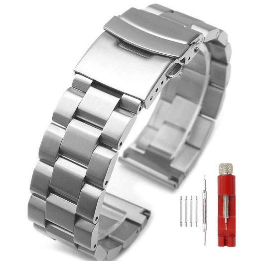 Hstrap Silver Stainless Steel Watch Bands Brushed Finish Watch Strap 18mm 20mm 22mm 24mm Double Buckle Bracelet