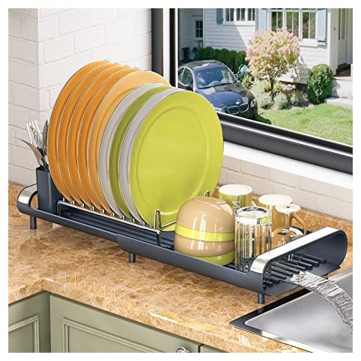 Dish Drying Rack, SAYZH Expandable Dish Rack with Drainboard Spout in Sink, Small Dish Drainer with Utensil Holder Sink Caddy, Compact Dish Dryer Rack Over Sink Organizer Grey